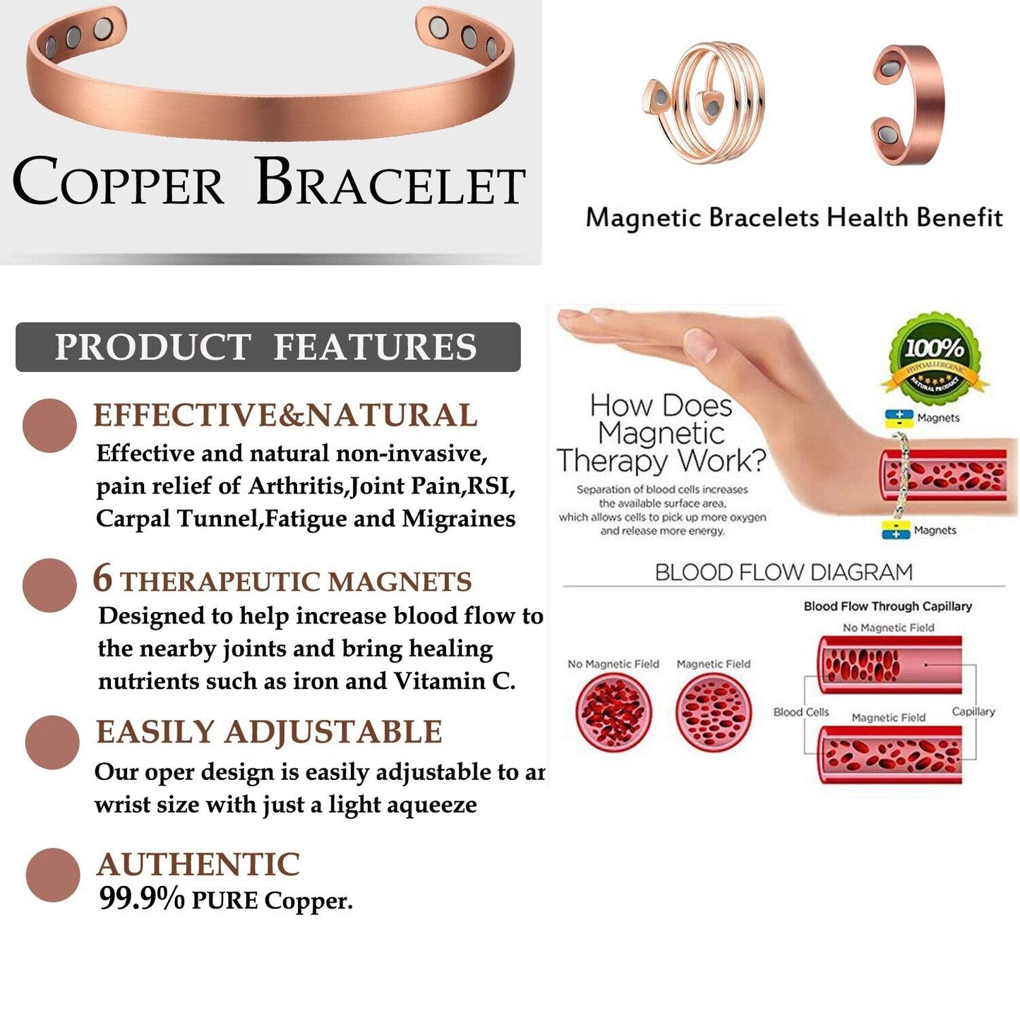 Pure Solid Copper 99.9% Bracelet Bangle 10 Powerful Magnets Size Small Gift Box
